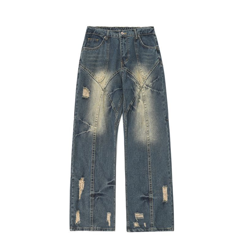 拼接破洞baggy jeans美式高街牛仔裤