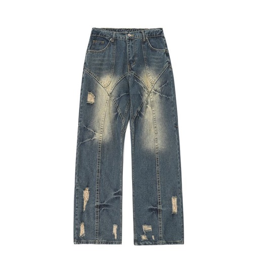 [女] 拼接破洞baggy jeans美式高街牛仔裤