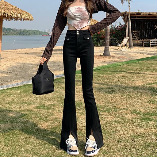 [女] 开叉微喇牛仔裤